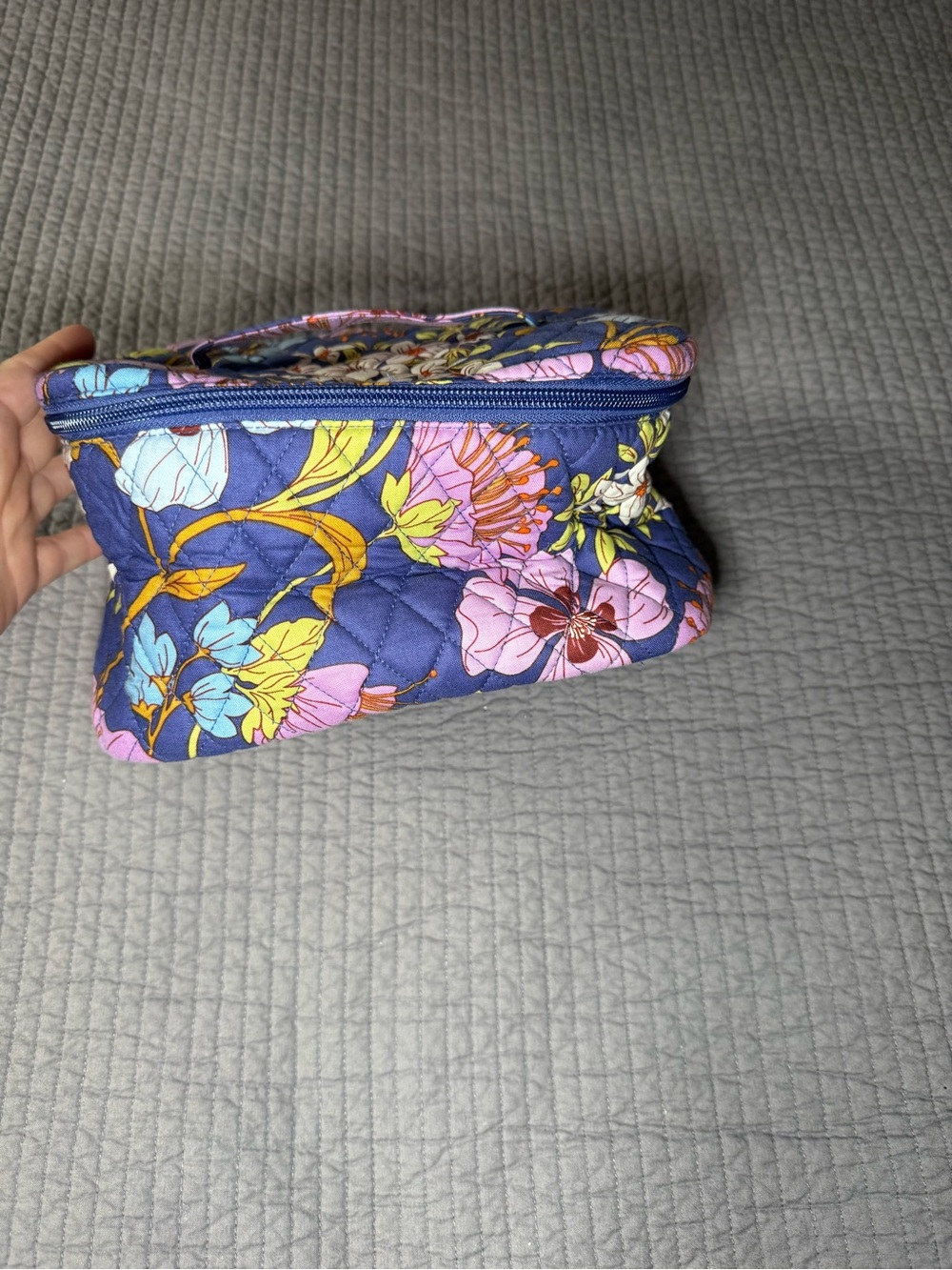 Vera Bradley Quilted Floral Pouch in Navy with Pink & Yellow Flowers